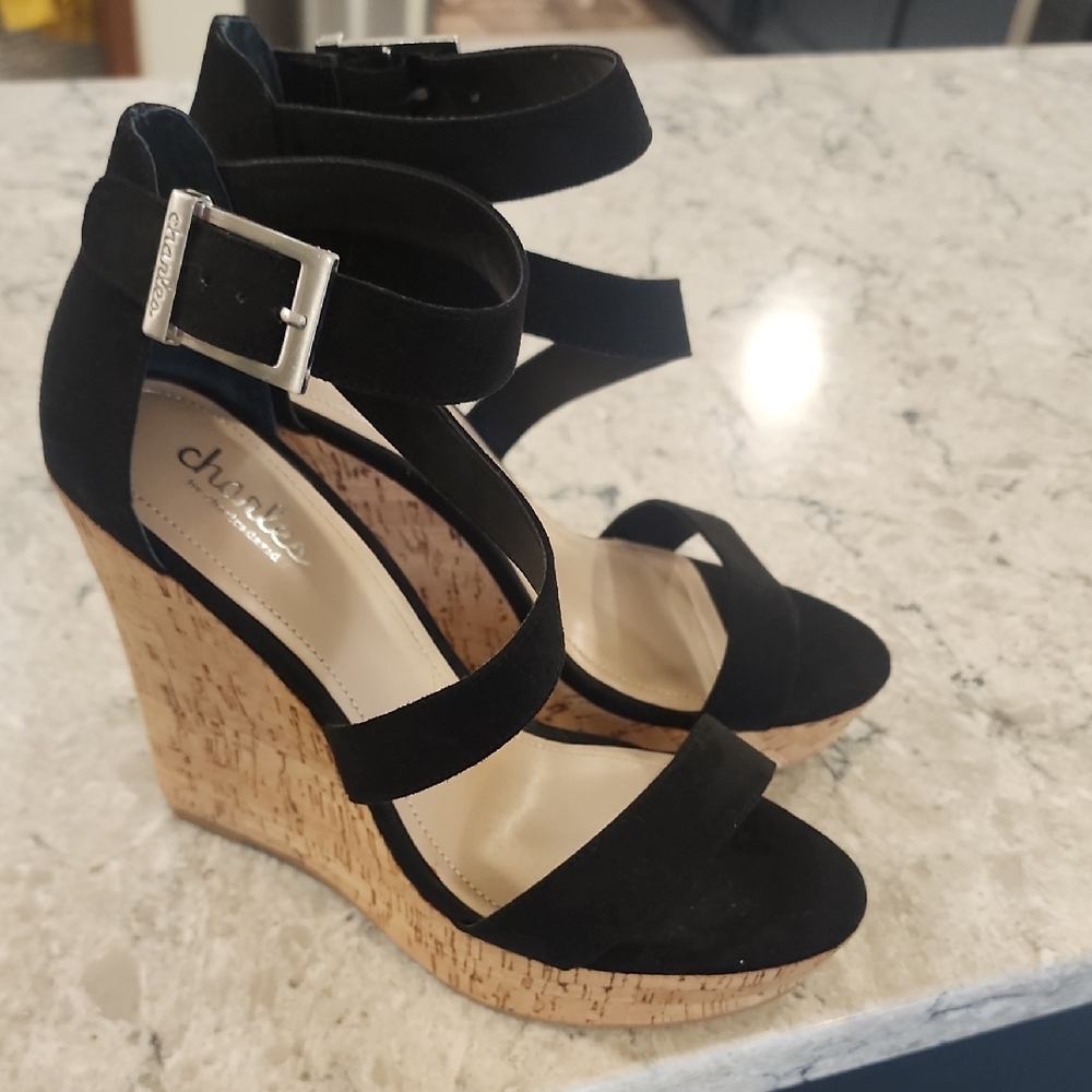 NWOT Charles By Charles David Black Wedge Ankle Strap  Sandals Women's Size 9.5